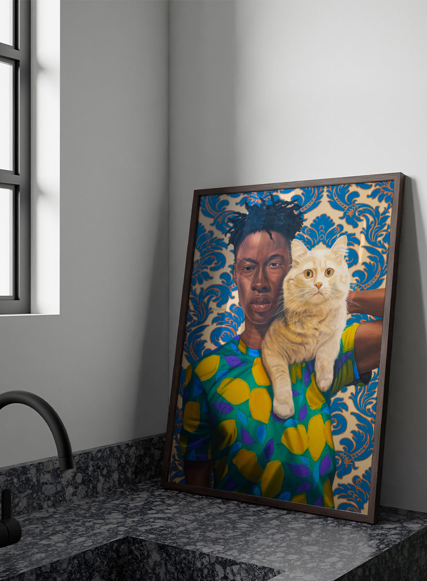 A stylized portrait artwork of a person holding a white cat, set against a blue and beige damask pattern background. Shop Man and Cat Portrait by Nigerian artist Damilare Jamiu, a contemporary portrait art print with a cream cat, bold fashion, and rich green and blue tones.