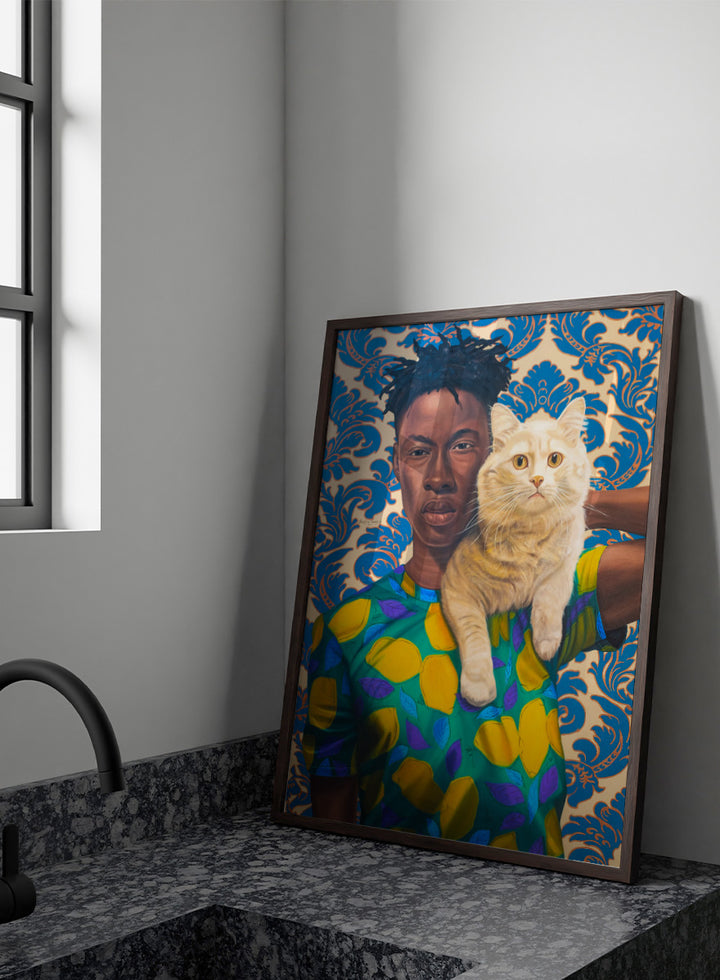 A stylized portrait artwork of a person holding a white cat, set against a blue and beige damask pattern background. Shop Man and Cat Portrait by Nigerian artist Damilare Jamiu, a contemporary portrait art print with a cream cat, bold fashion, and rich green and blue tones.