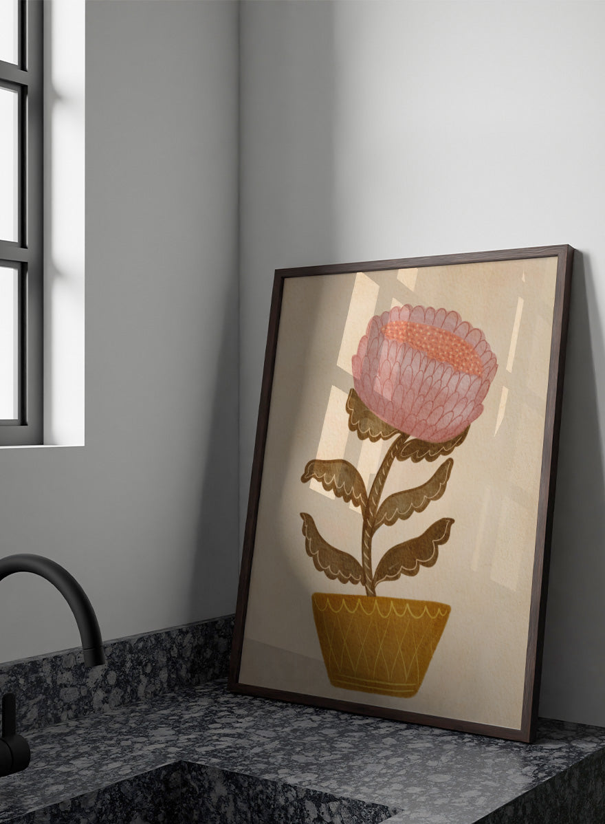 Shop Rustic Potted Flower by Nikita Jariwala, a floral wall art print poster featuring an oversized pink flower, mustard pot, folk art details, and earthy tones.