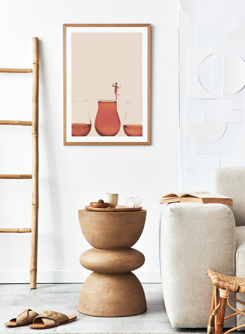 I Prefer the Full One by Maarten Léon collage art print featuring a woman standing on a full glass. Premium fine art print with real wood framing.