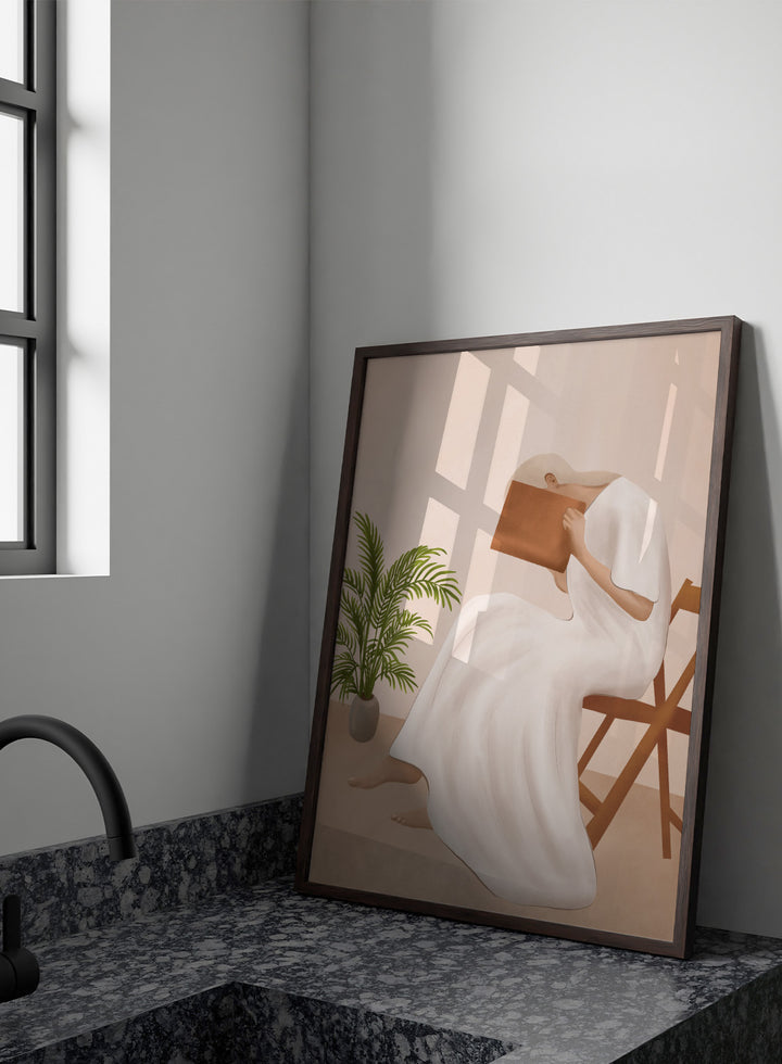 Person in a white dress holding a book, sitting on a chair with a plant nearby. Serene Woman Reading by City Art is a minimalist figurative art print featuring a woman reading in a flowing white dress with warm neutral tones and botanical details.