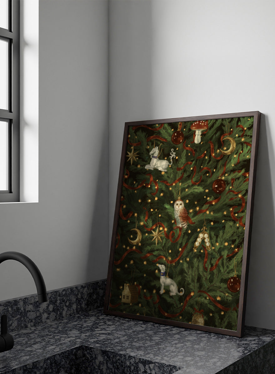 Shop Magical Christmas Tree by NKTN, a festive Christmas wall art print poster featuring woodland ornaments, moons, stars, ribbon, and glowing tree lights.