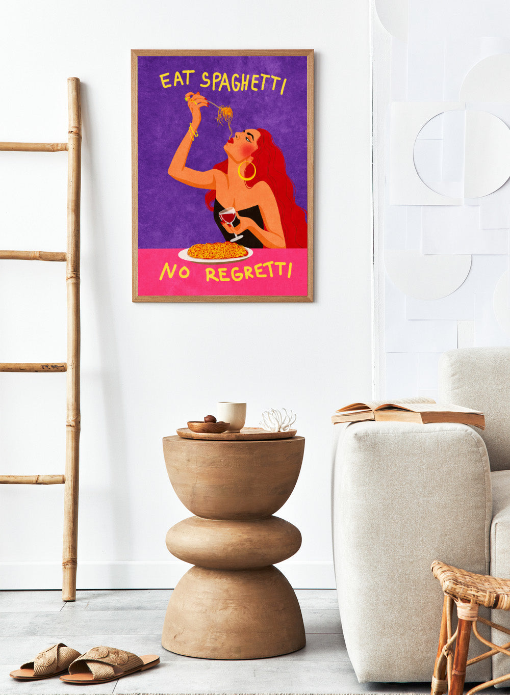 Illustration of a woman eating spaghetti with text 'Eat Spaghetti No Regretti' on a purple and pink background. Eat Spaghetti No Regretti by Raissa Oltmanns is a modern kitchen art print featuring a woman eating pasta, wine illustration, and funny food wall poster.
