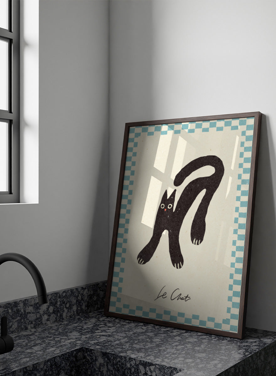 Shop Le Chat by NKTN, a playful black cat wall art print poster featuring a quirky stretched cat, checkerboard border, and vintage-inspired graphic style.
