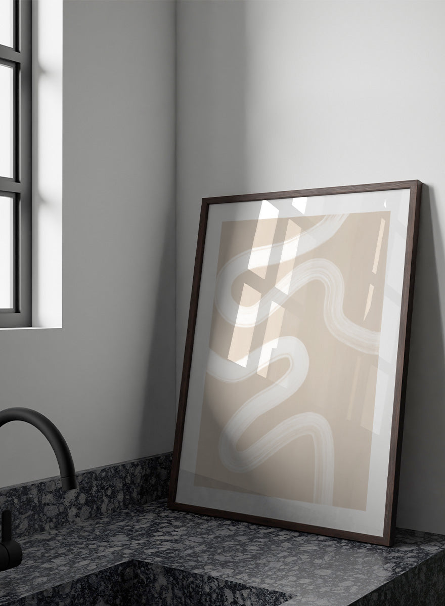 Shop Wavy Abstract Lines by Elena Ristova, a neutral abstract wall art print poster with flowing white brushstrokes on a beige background.