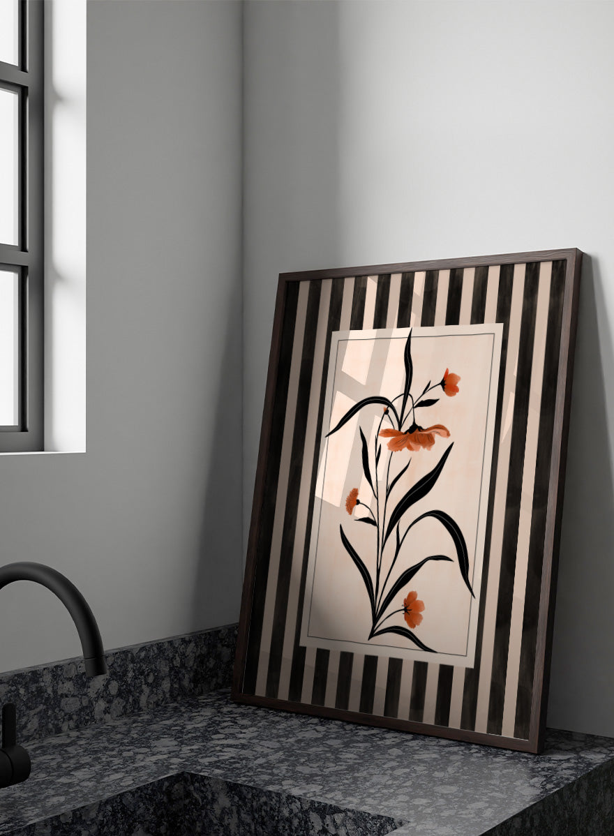 Shop Terracotta Floral Stripes by Elena Ristova, a modern floral wall art print poster featuring terracotta flowers, black leaves, and bold striped borders.