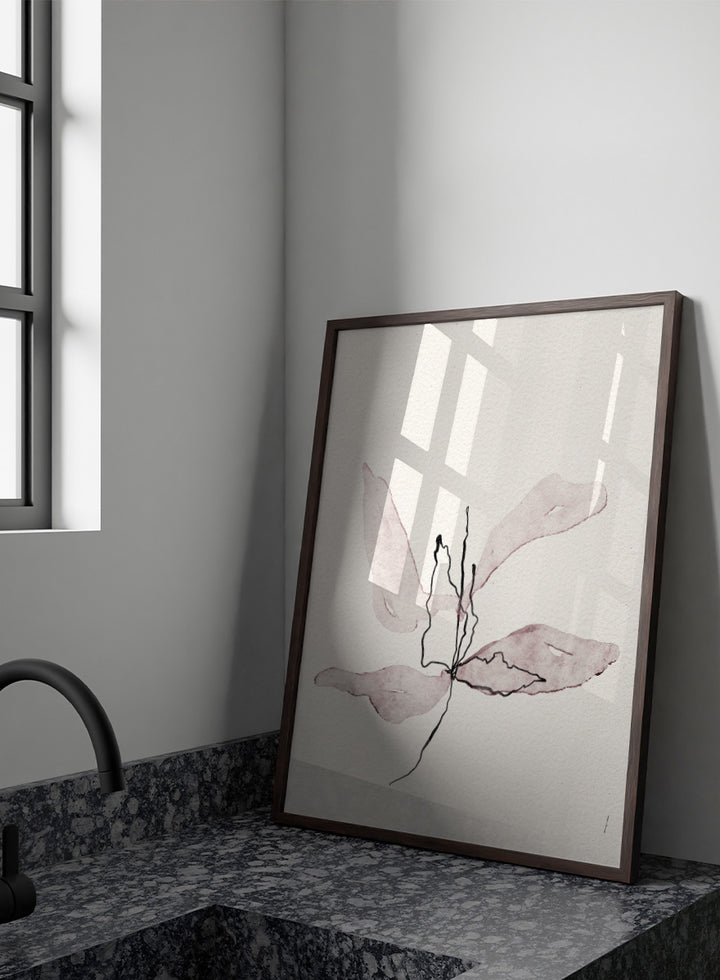 Abstract botanical art print featuring soft watercolor sepia and dusty rose leaf-like shapes with black sketch lines on textured off-white paper. Shop Delicate Botanical Bloom by Ankie Kooi, a modern floral wall art print poster with abstract flower art, minimalist linework, soft pink, cream, and black.