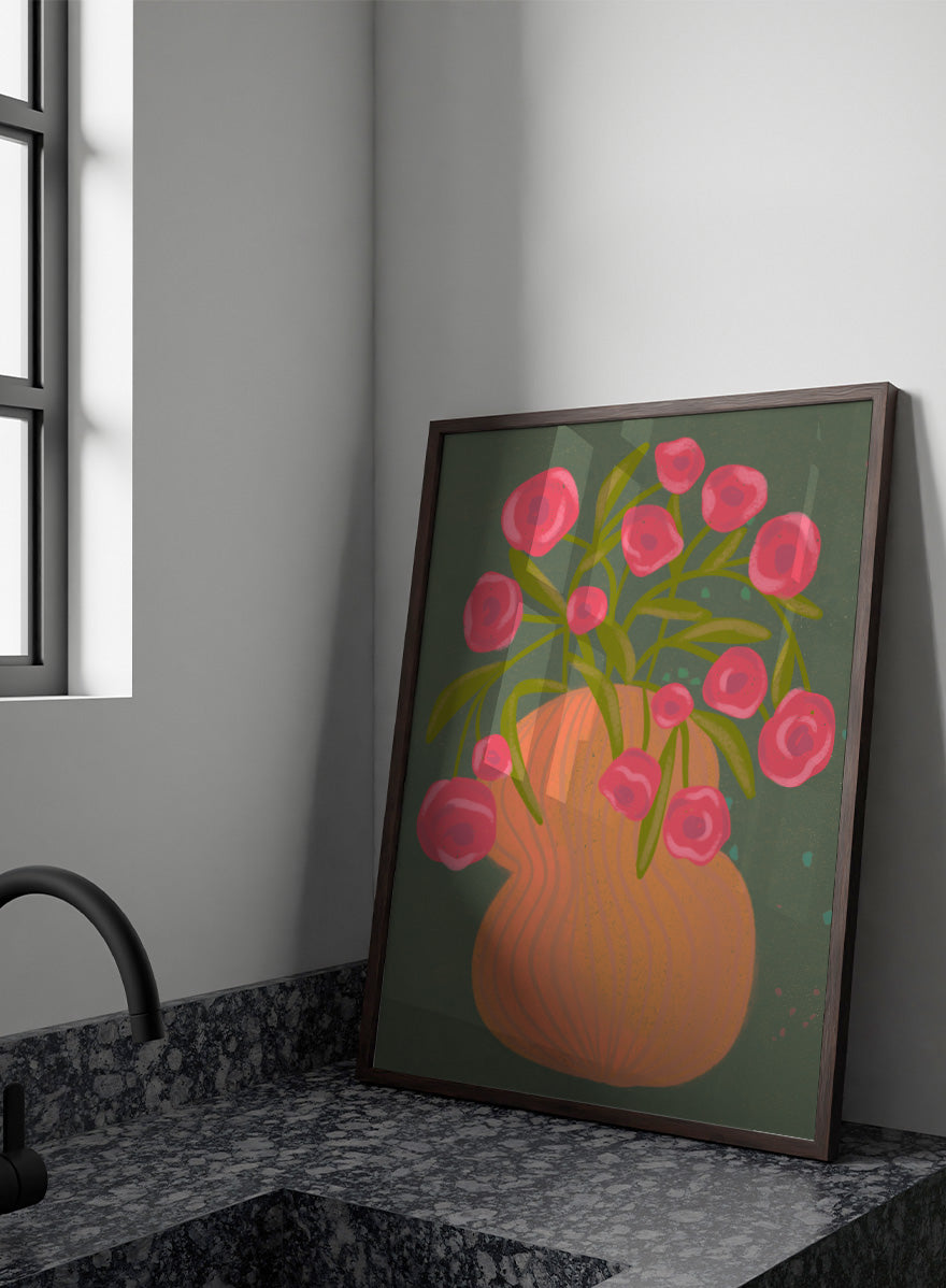 Shop Pink Flowers Orange Vase by Nikita Jariwala, a floral wall art print poster with bold pink blooms, an orange vase, olive stems, and deep green tones.