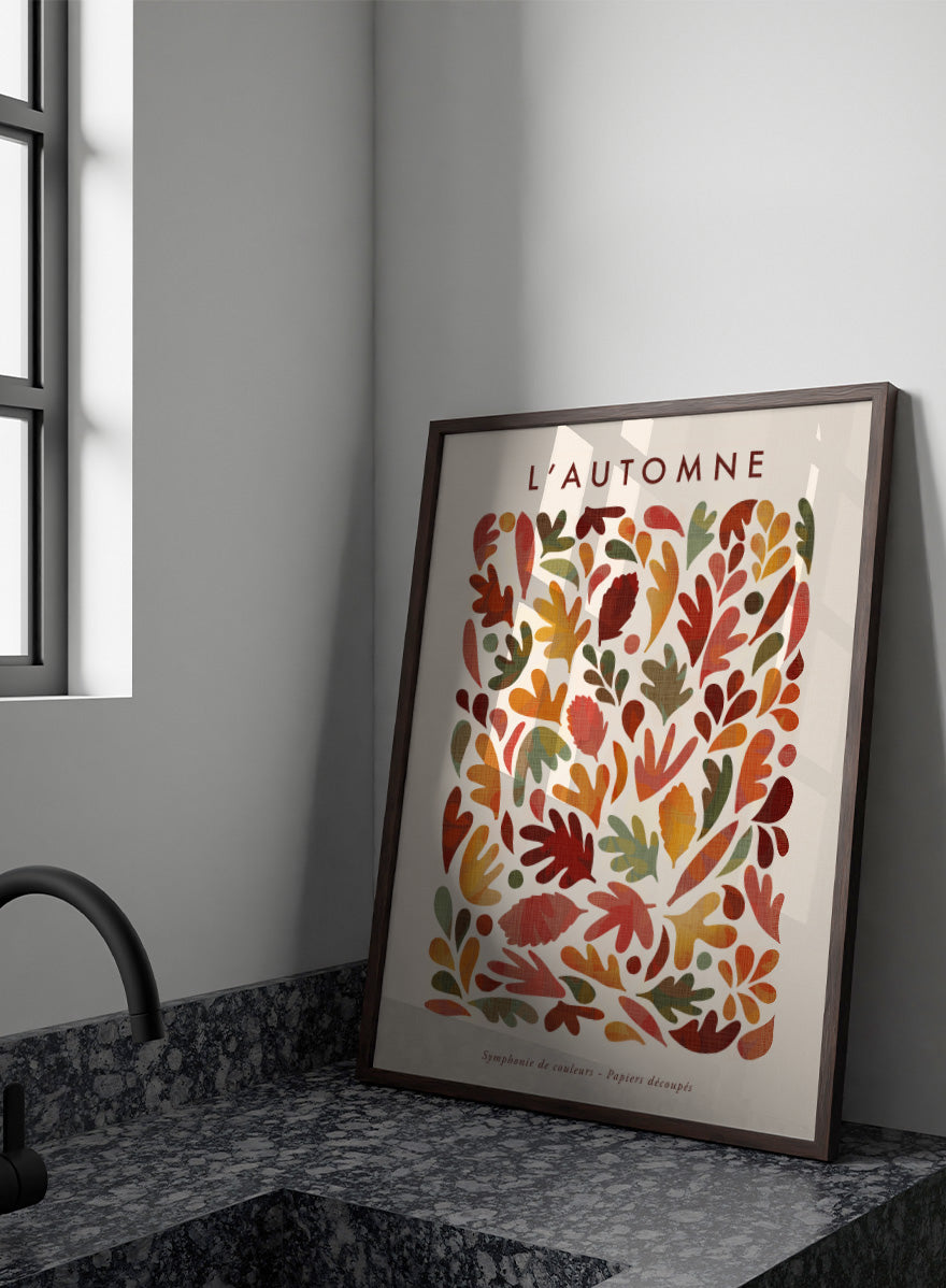Shop Earthy Organic Leaves by Dominique Vari, an autumn botanical wall art print poster featuring abstract fall leaves in orange, red, olive, mustard, and warm earthy tones.