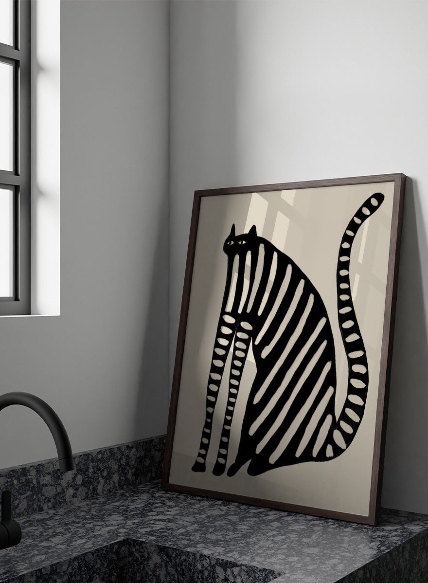 Striped Black Cat by The Art Concept playful cat art print featuring an elongated black cat with cream stripes, long legs, and an oversized curved tail.