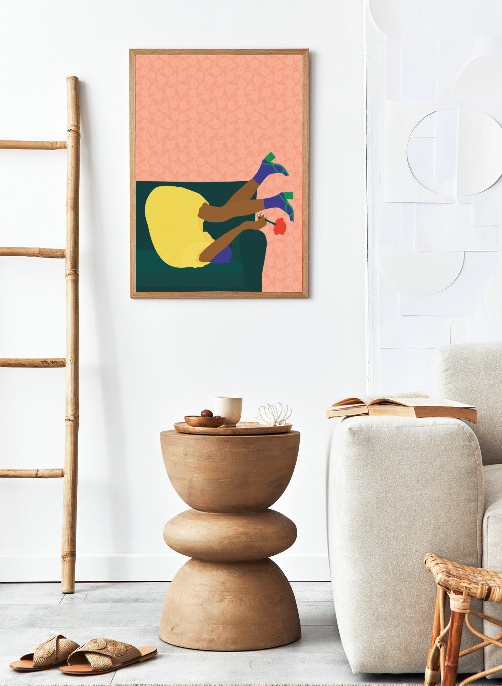 Illustration of a person sitting on a couch with a flower, against a patterned pink background. New Year’s Eve by Jota De Jai is a playful modern fine art print of a woman upside down on a couch in heels and a yellow dress. Available framed or unframed.