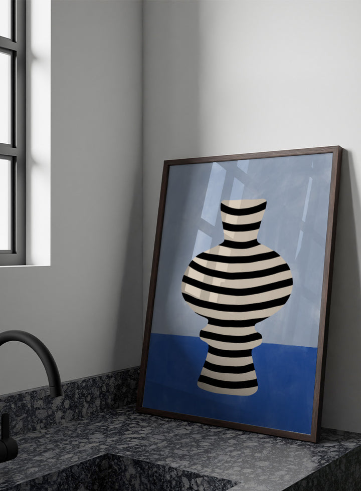 Shop Modern Striped Vase by Elena Ristova, a modern still life wall art print poster featuring a black-and-cream striped vase against soft blue tones.