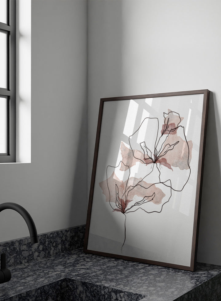 Shop Abstract Blush Botanicals by Ankie Kooi, a modern floral wall art print poster with abstract flowers, minimalist line art, blush pink, cream, and black.
