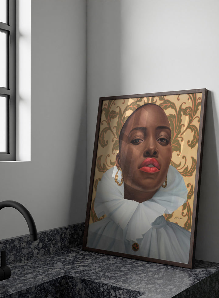 A portrait-style artwork of a person with a shaved head, wearing a large white ruffled collar and gold hoop earrings, set against an ornate beige and olive damask pattern. Shop Regal Woman Ruffled Collar by Damilare Jamiu, a contemporary Black portrait art print with a dramatic white collar, gold earrings, and warm cream tones.