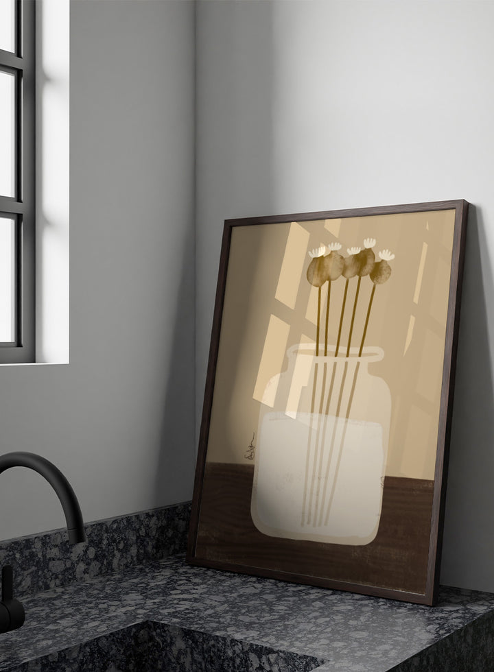 A minimalist art print depicting a clear glass jar filled with white flowers on a dark brown wooden surface against a warm beige background. Shop Rustic Poppy Still Life by Elsa Nätterdal, a botanical still life art print featuring dried poppy pods, a cream vase, and warm earthy tones.
