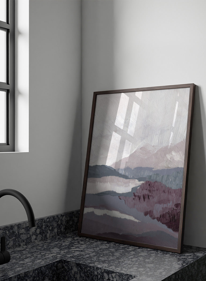 Shop Muted Mountain Layers by Nikita Jariwala, an abstract mountain landscape wall art print poster featuring layered peaks, misty scenery, and soft purple tones.
