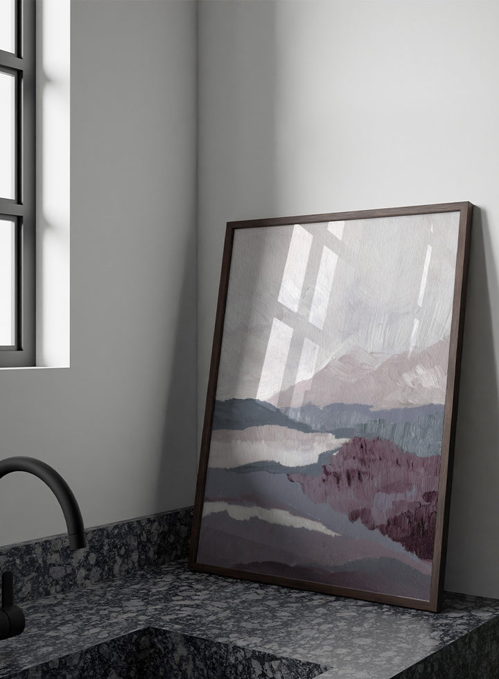 Shop Muted Mountain Layers by Nikita Jariwala, an abstract mountain landscape wall art print poster featuring layered peaks, misty scenery, and soft purple tones.