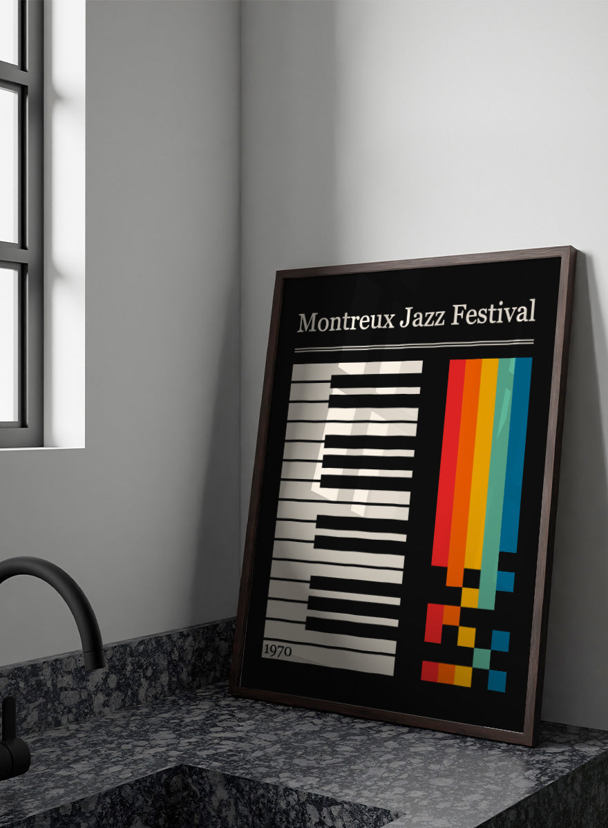 Montreux Jazz Festival 1970 poster design with a black background, white piano keys on the left, a vertical rainbow stripe graphic on the right, and the festival title at the top. Colorful Jazz Keyboard by Retrodrome retro music art print featuring piano keys, Montreux Jazz Festival typography, and bold 1970s color blocks.