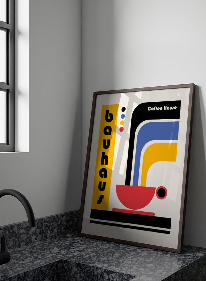 Bauhaus Coffee House by Retrodrome kitchen art print featuring a red coffee cup, bold geometric forms, retro typography, and Bauhaus-inspired color.