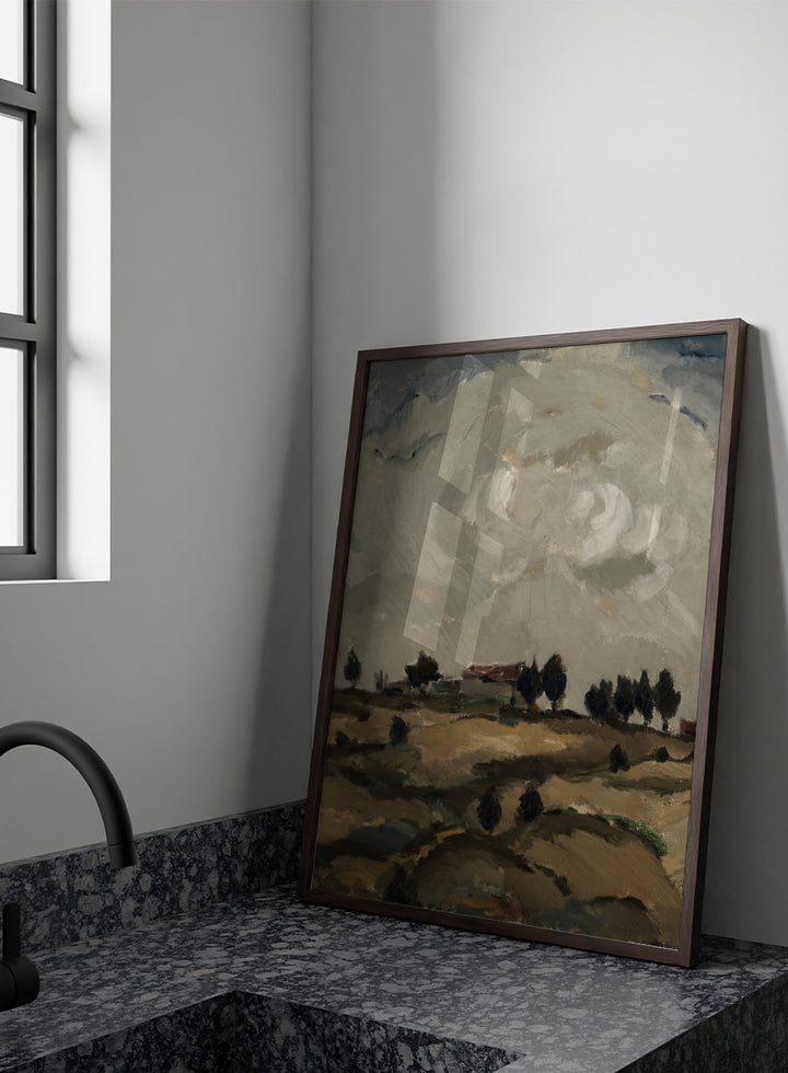 Shop Autumn Landscape with Clouds by Ilmari Aalto, a vintage Finnish landscape wall art print poster depicting rolling fields beneath a dramatic gray sky.
