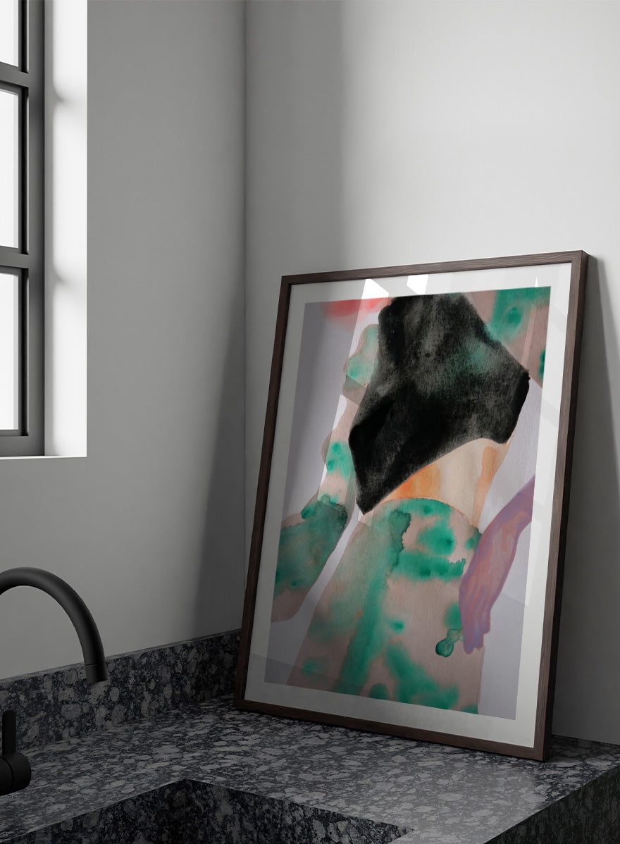 Shop Abstract Fashion Figure by Sophia Novosel, a modern figurative wall art print poster featuring a cropped woman, black top, and loose green and peach washes.