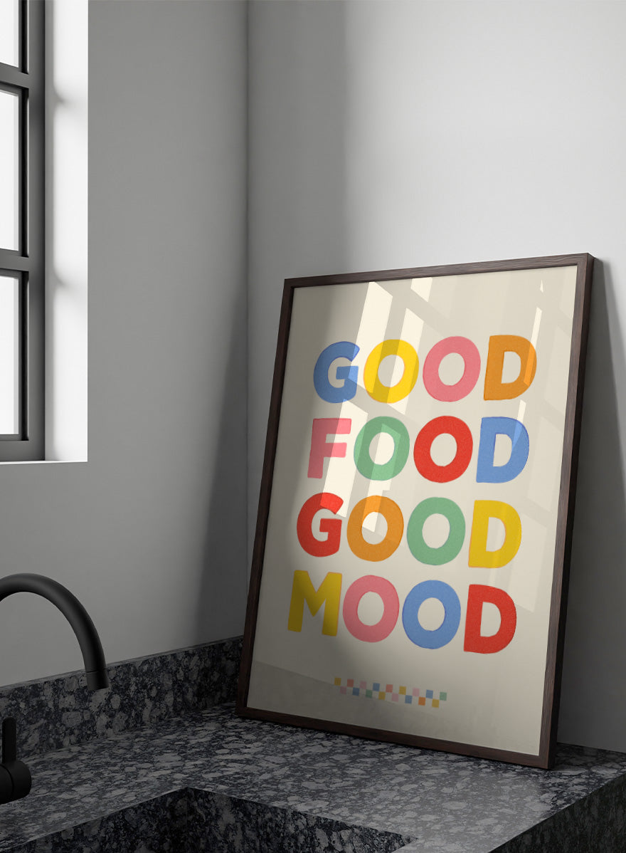 Shop Good Food Good Mood by Dominique Vari, a colorful kitchen wall art print poster featuring playful retro typography and a cheerful food-inspired message.