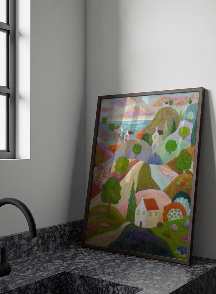 Angeles M. Pomata - Vibrant Coastal Village Art Print