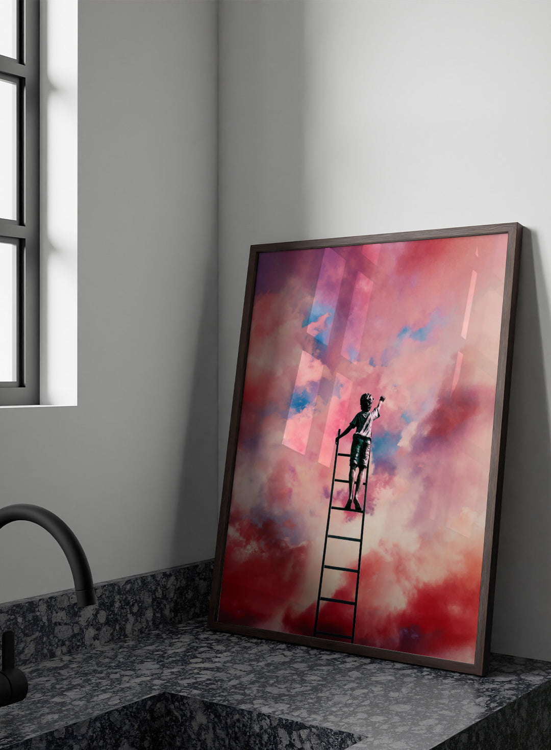 Person standing on a ladder against a colorful cloud sky. Cloud Painter by Taudalpoi surreal ladder to sky art print with pink clouds and dreamlike cosmic atmosphere, retro inspired collage poster wall art.