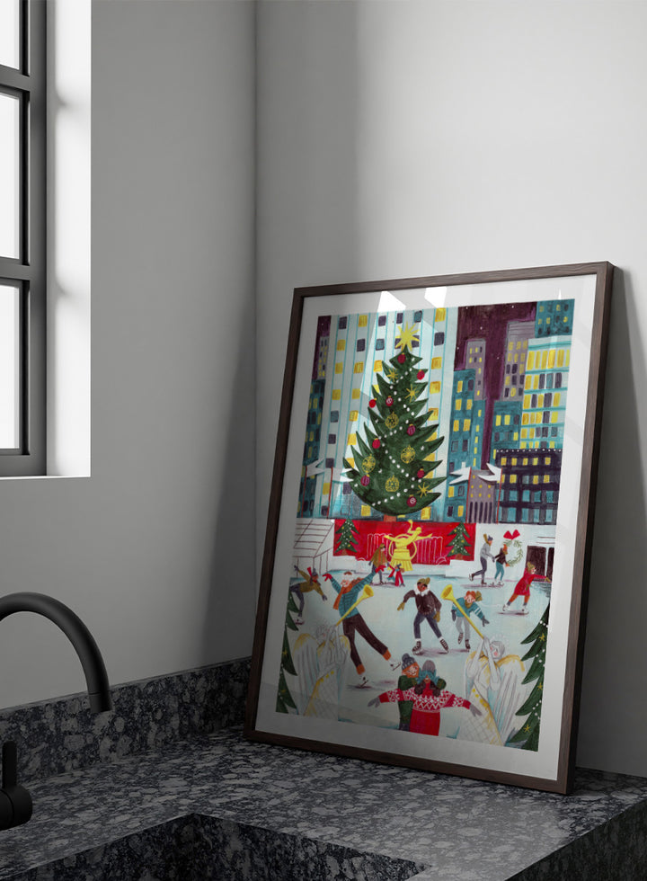 Shop Ice Skating at Rockefeller Center Christmas, a festive Christmas wall art print poster with skaters, city lights, and a New York holiday scene.