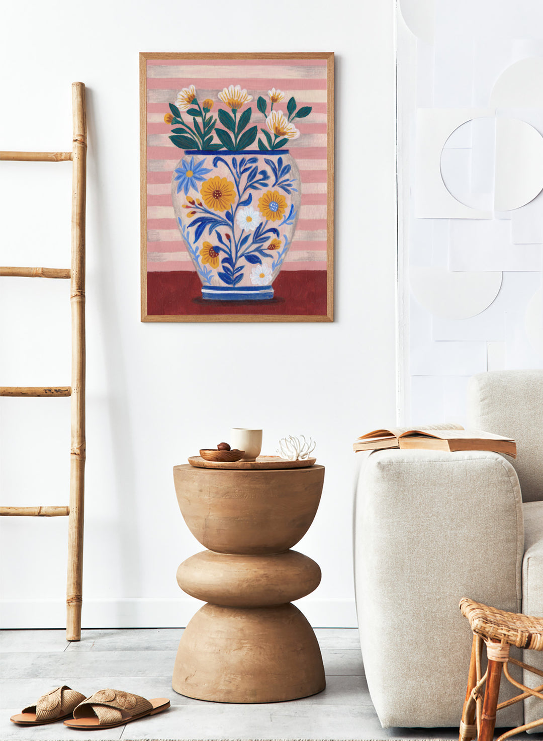 Decorative vase with floral design on a striped background. Potted Florals Pastels & Stripes by Caroline Bonne Müller is a fine art print and wall poster featuring a floral vase with pastel stripes background.