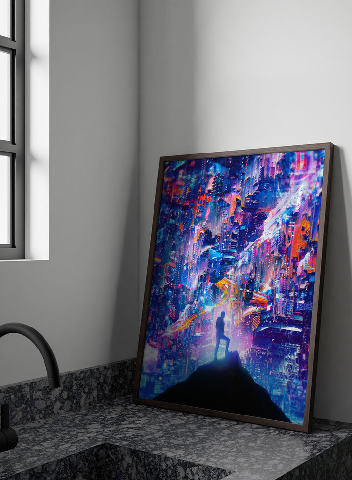 Person standing on a hill overlooking a futuristic cityscape with vibrant colors. Neon City Dreamer by Nicebleed is a surreal cyberpunk city art print featuring a lone figure in a neon glitch skyline, modern aesthetic wall poster.