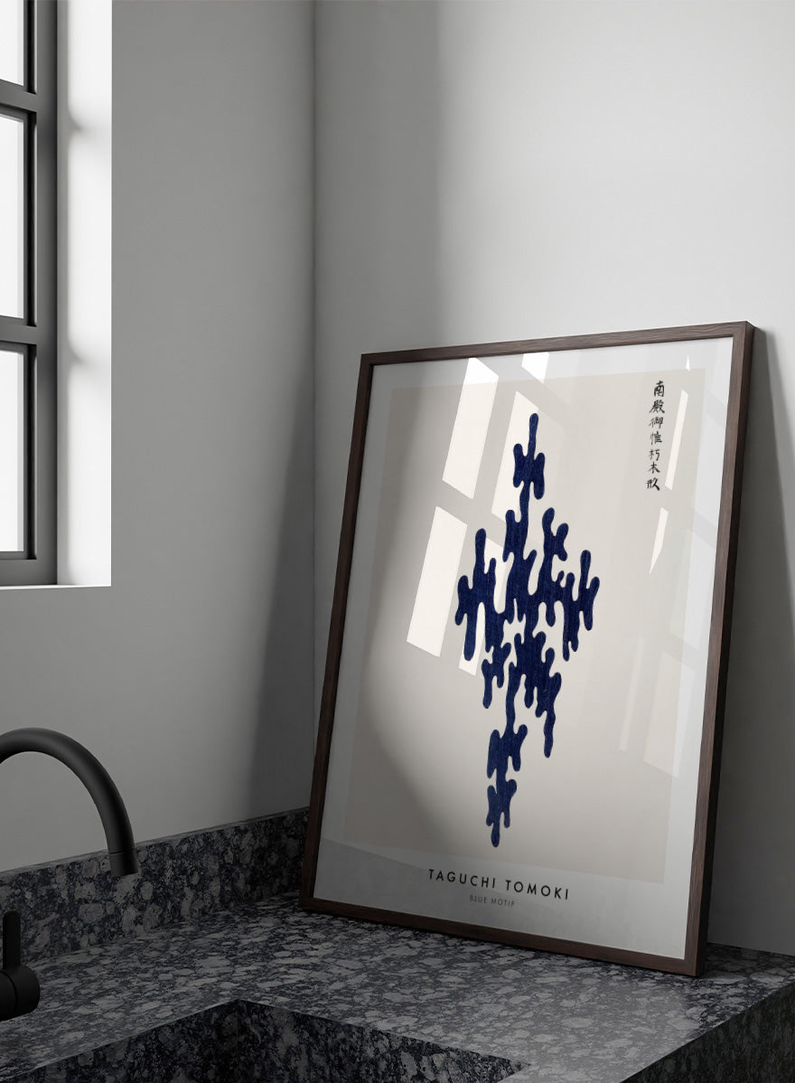 Blue Motif Yatsuo no Tsubaki by Taguchi Tomoki is a vintage Japanese woodblock art print featuring a deep indigo organic motif with original Japanese script.