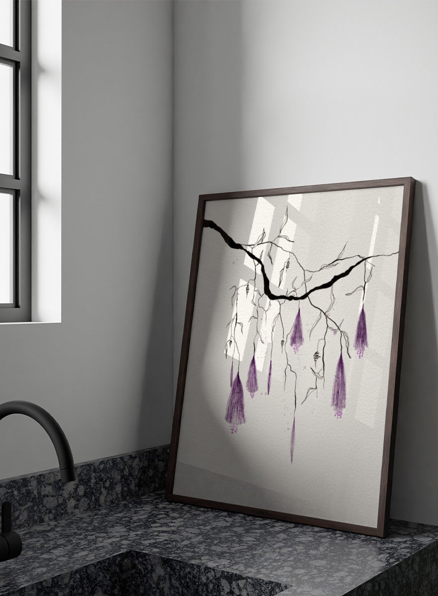 A framed art print featuring a delicate black ink sketch of willow branches with hanging purple blossoms on a textured off-white background. Shop Purple Hanging Blooms by Ankie Kooi, a floral wall art print poster with hanging purple flowers, botanical branch art, watercolor florals, black, and cream.