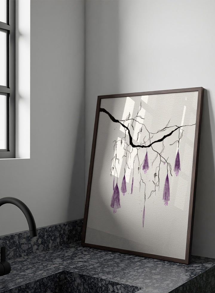 A framed art print featuring a delicate black ink sketch of willow branches with hanging purple blossoms on a textured off-white background. Shop Purple Hanging Blooms by Ankie Kooi, a floral wall art print poster with hanging purple flowers, botanical branch art, watercolor florals, black, and cream.