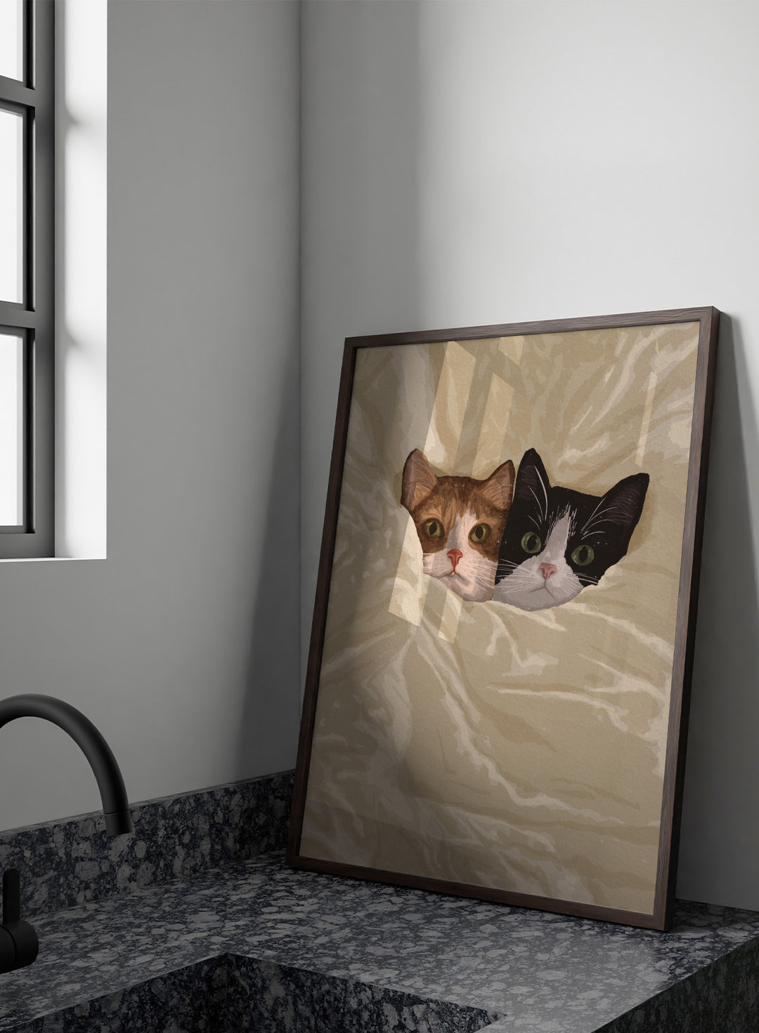 A stylized illustration of two cats peeking out from under a rumpled cream-colored blanket. The cat on the left is orange and white, and the cat on the right is black and white.  Cozy Cats Peeking Out by Lisa Solomoniuk premium framed fine art print featuring two cats tucked into soft cream bedding with wide-eyed expressions.
