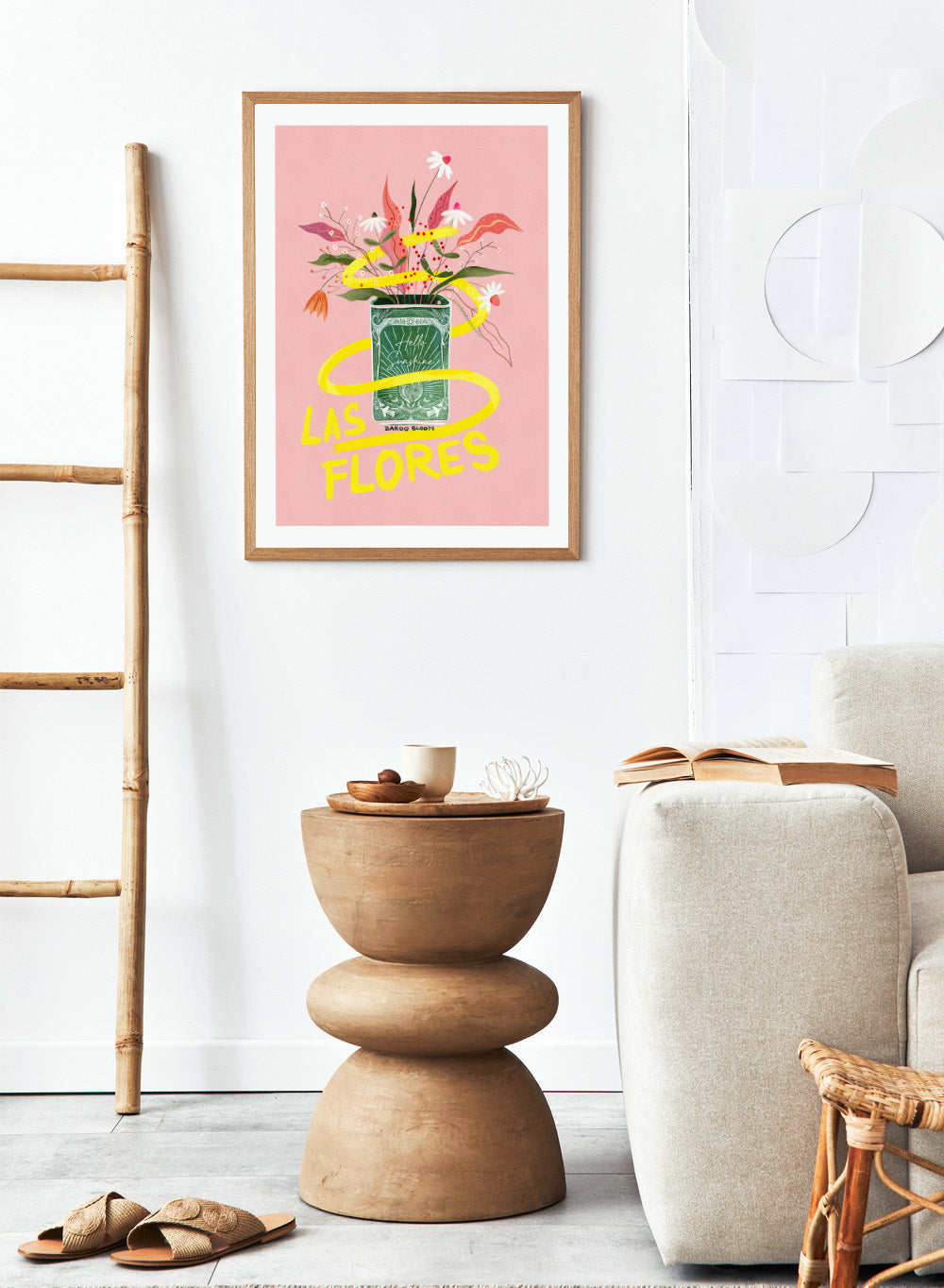 Illustration of a flower arrangement in a can with 'Las Flores' text on a pink background. Las Flores by Baroo Bloom is a colorful floral art print with playful illustration and bold lettering. Officially licensed wall poster with optional framing.