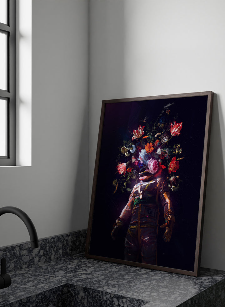 Person wearing a costume with floral headpiece against a dark background. Cosmic Garden Astronaut by Nicebleed is a surreal floral space art print featuring an astronaut with blooming flowers, modern aesthetic wall poster.