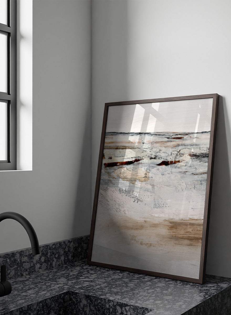 Shop August No. 01 by Dan Hobday, an abstract landscape art print featuring soft neutral tones, rust accents, layered brushwork, and an open windswept feel.