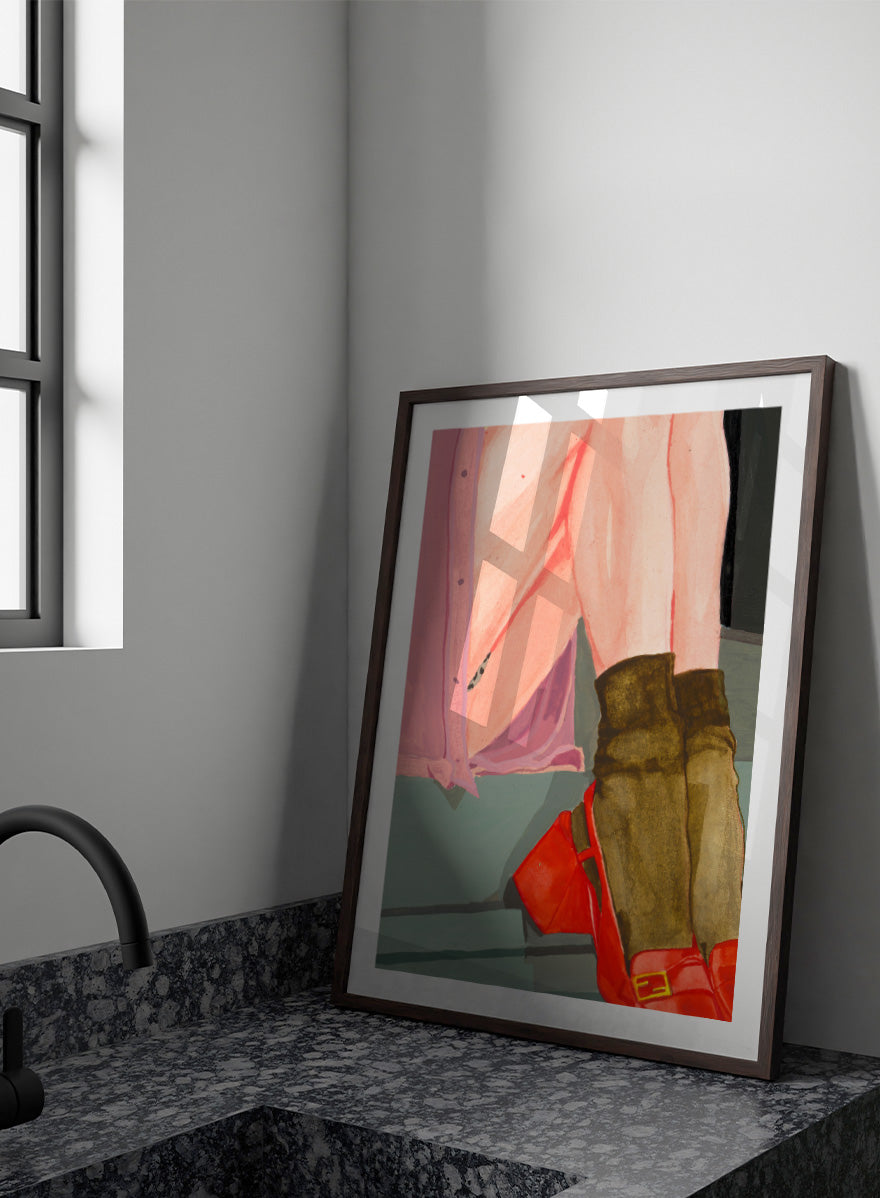Shop Colorful Legs Red Shoes by Sophia Novosel, a modern figurative wall art print poster featuring red shoes, boots, legs, and fashion details.