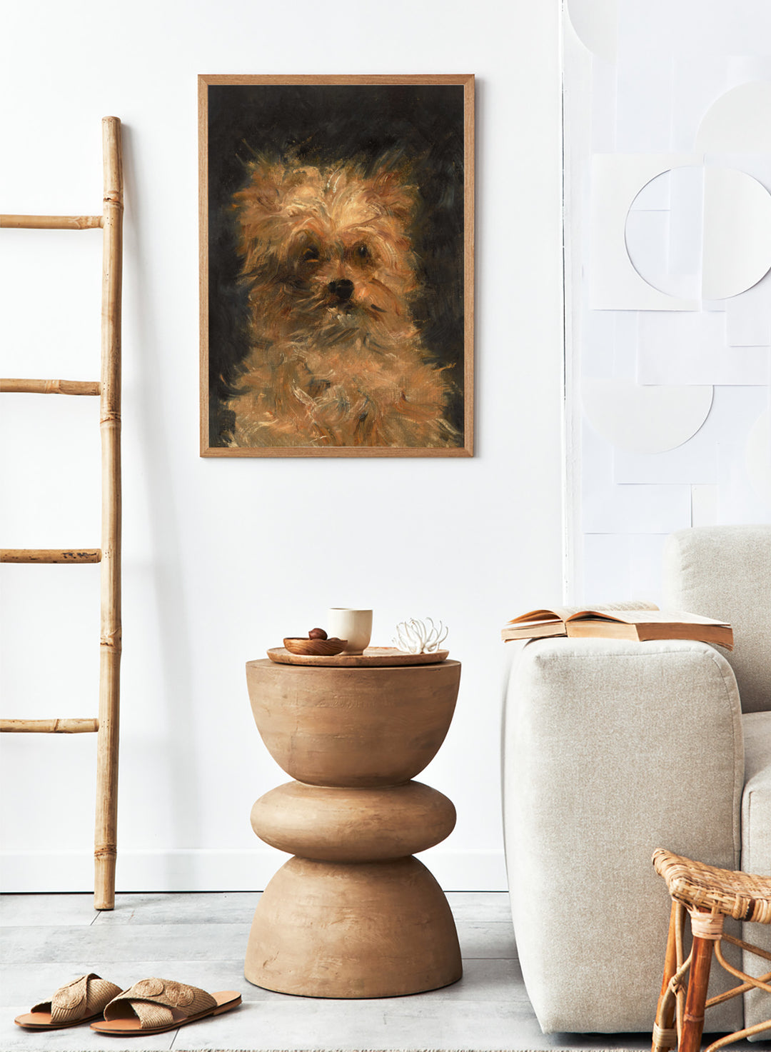 A painted portrait of a small fluffy dog, likely a terrier mix, rendered in warm tan, cream, and brown brushstrokes against a dark charcoal background. Head of the Dog "Bob" by Édouard Manet is a vintage dog portrait print featuring a scruffy terrier&