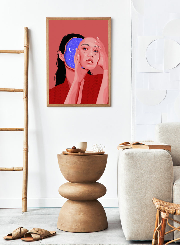 Illustration of a person with a starry night design, on a red background. Des Astres by AnA Ariane is a surreal portrait art print featuring a woman with a starry cosmic interior. Modern figurative wall poster.