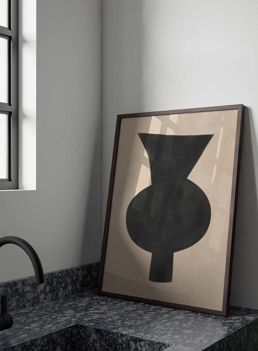 Shop Abstract Black Vase by Elena Ristova, a modern minimalist wall art print poster featuring an oversized black vase silhouette on a soft beige background.