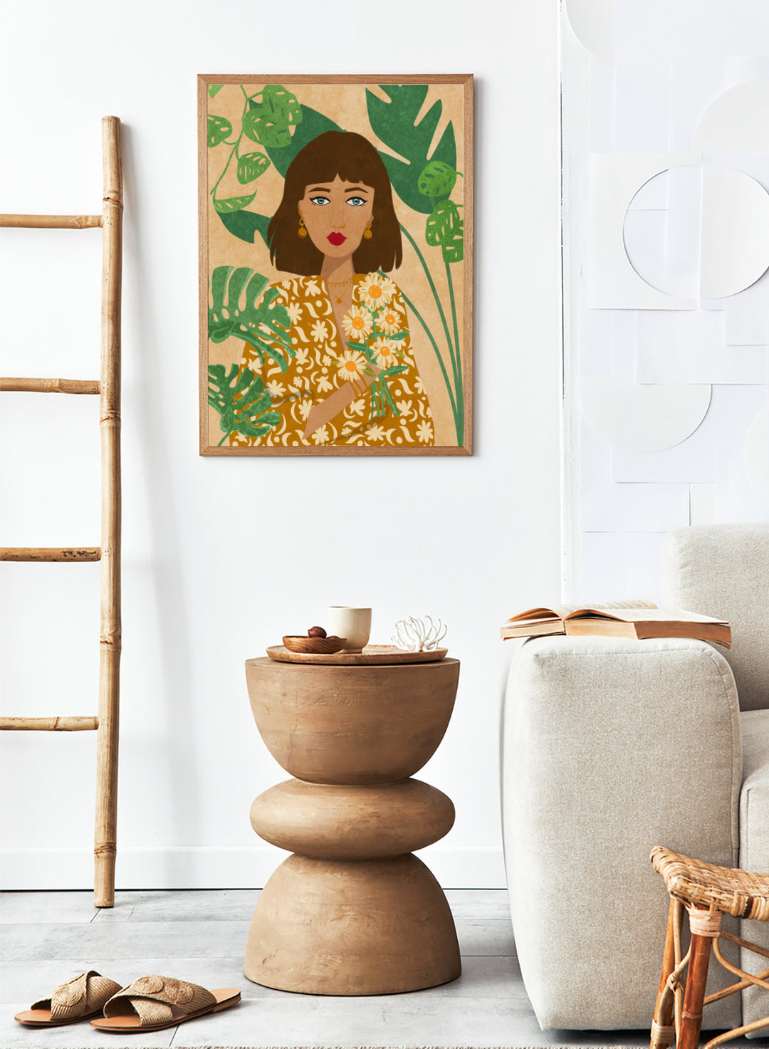 Illustration of a woman holding flowers with green leaves in the background. Plant Lady by Raissa Oltmanns fine art print featuring modern botanical woman portrait with daisies and green leaves, contemporary wall art poster.