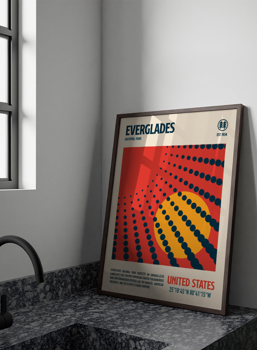A vintage-style travel poster for Everglades National Park, United States, featuring a bold red background, a large yellow circle, and dark blue dotted radial lines. The top reads &