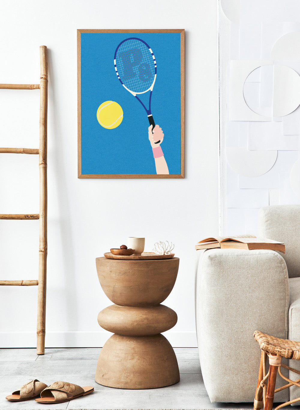 Tennis racket and ball on a blue background. Perfect Serve by Rosi Feist is a modern minimalist tennis art print featuring bold graphic color, clean lines, and Bauhaus-inspired design. Officially licensed fine art poster with framing.