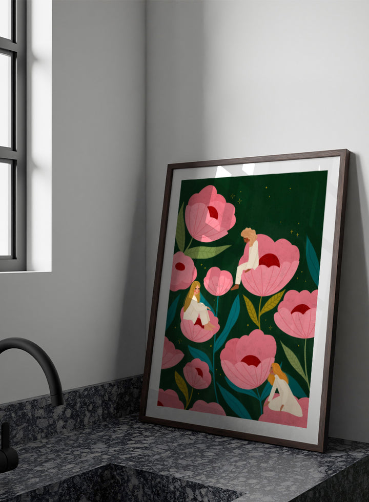 Shop Calm Women in Flowers by Bea Müller, a figurative floral wall art print poster featuring women among oversized pink flowers in a dreamy garden.