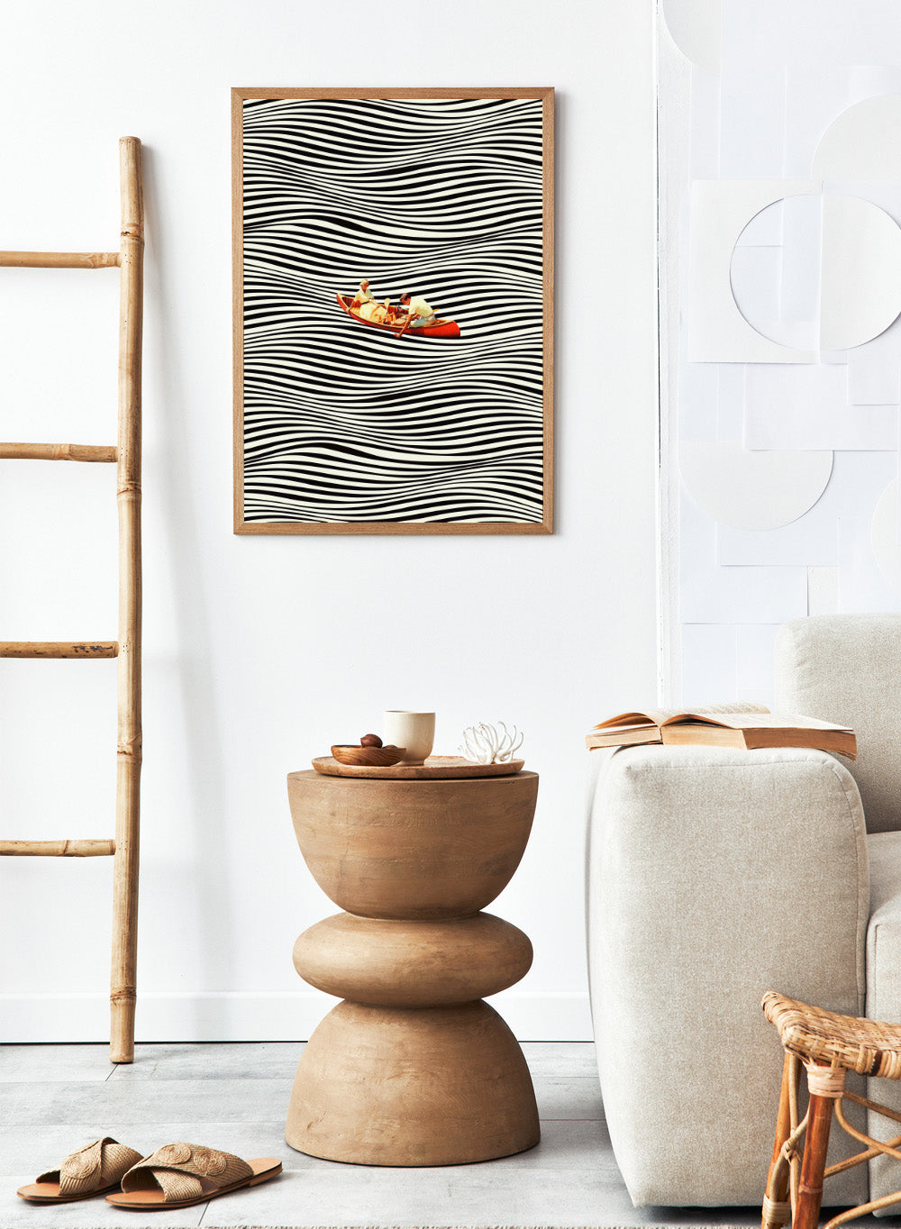 Two people in a red boat on a background of black and white wavy lines. The Real Boat Trip by Taudalpoi features a surreal boat illustration floating on black and white wavy lines. Retro collage art print with optical illusion design and optional framing.