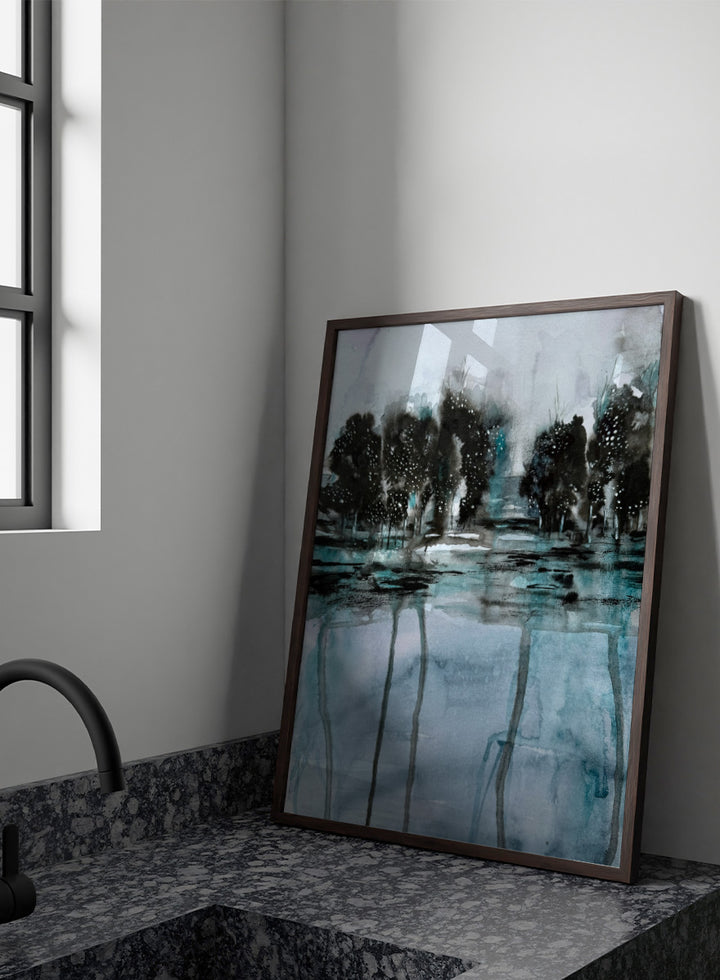 Shop Dark Forest Reflection by Helena Ryhle, a moody watercolor landscape wall art print poster featuring dark trees, reflective water, and deep blue-green tones.
