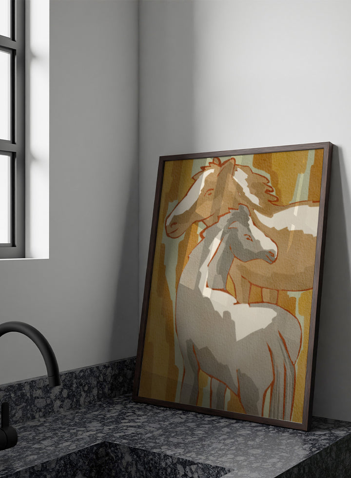 Shop Calm Horse Family by Nikita Jariwala, a modern horse wall art print featuring two horses in soft abstract shapes with warm ochre, cream, gray, and beige tones.