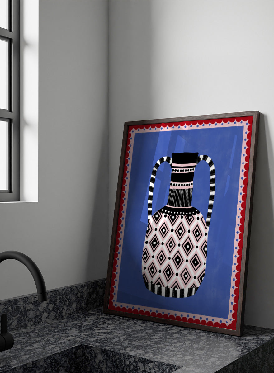 Shop Patterned Tribal Vase by Elena Ristova, a colorful wall art print poster featuring bold diamonds, stripes, pink, blue, black, and red details.